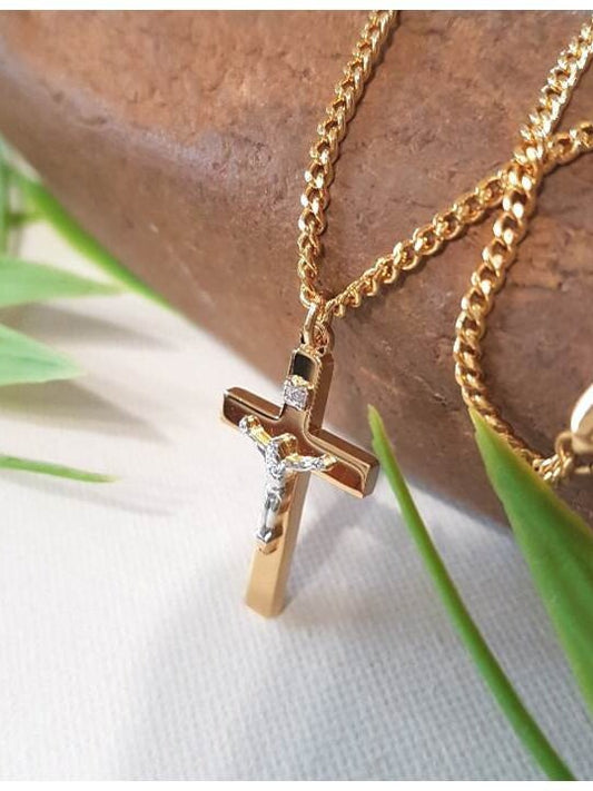 Sterling Silver Crucifix,Gold On Sterling Crucifix Two Tone,Tutone Silver and Gold Youth Cross Pendant,Men and Women Thick Crucifix Jewelry