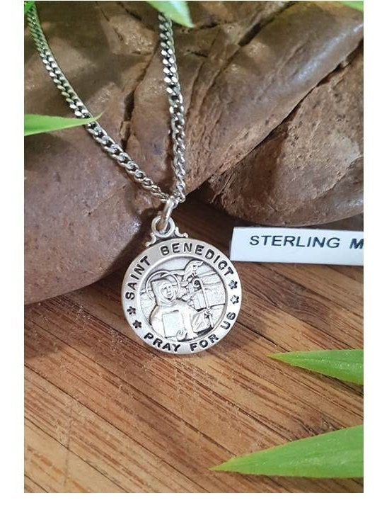Protection St Benedict Sterling Silver Medal,Saint Benedict of Nursia ,Patron Saint Necklace,Evil and Harm Protector,Orthodox and Catholic