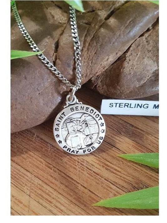 Protection St Benedict Sterling Silver Medal,Saint Benedict of Nursia ,Patron Saint Necklace,Evil and Harm Protector,Orthodox and Catholic
