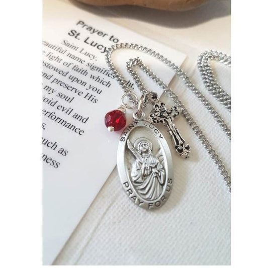 St Lucy Necklace,Pewter Patron Saint Medal Necklace,Saint for Salesman and Eye, Personalized Saint Pendant,Birthstone and Initial Pendant