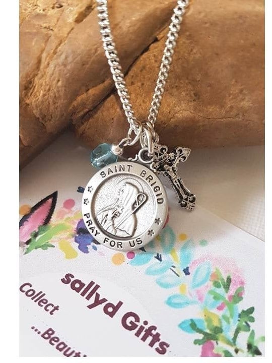 St Brigid Personalized Necklace,Saint Medal with Crucifix and Birthstone,Birthstone Colours, Saint for Babies,Midwives,Farmers ,Children