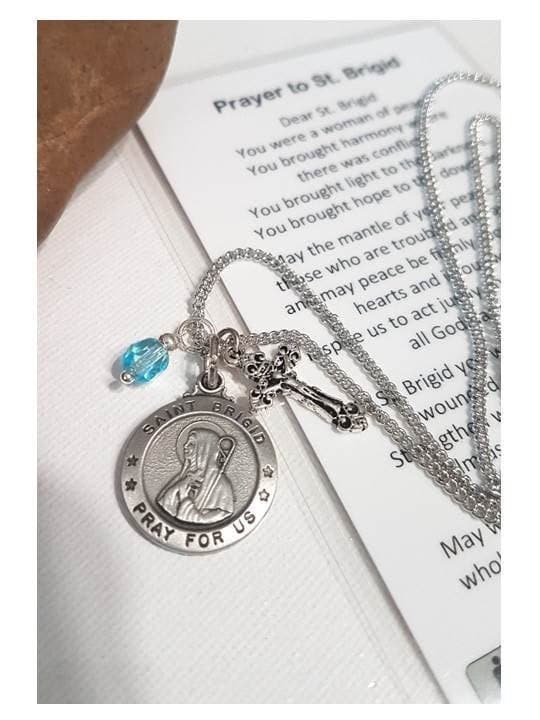 St Brigid Personalized Necklace,Saint Medal with Crucifix and Birthstone,Birthstone Colours, Saint for Babies,Midwives,Farmers ,Children