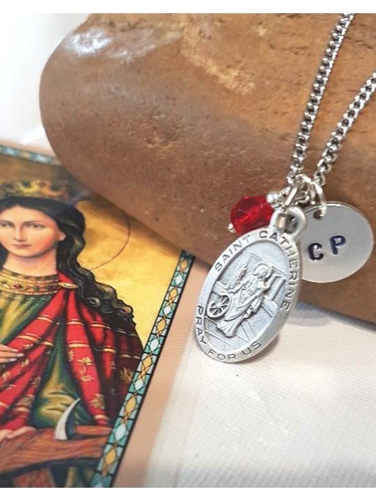 St Catherine of Alexandria Pewter Pendant,Personalized Patron Saint Medal with Birthstone,Initial and Crucifix Charm,St Katherine Prayer