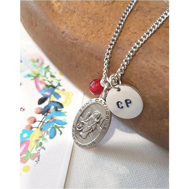 St Catherine of Alexandria Pewter Pendant,Personalized Patron Saint Medal with Birthstone,Initial and Crucifix Charm,St Katherine Prayer