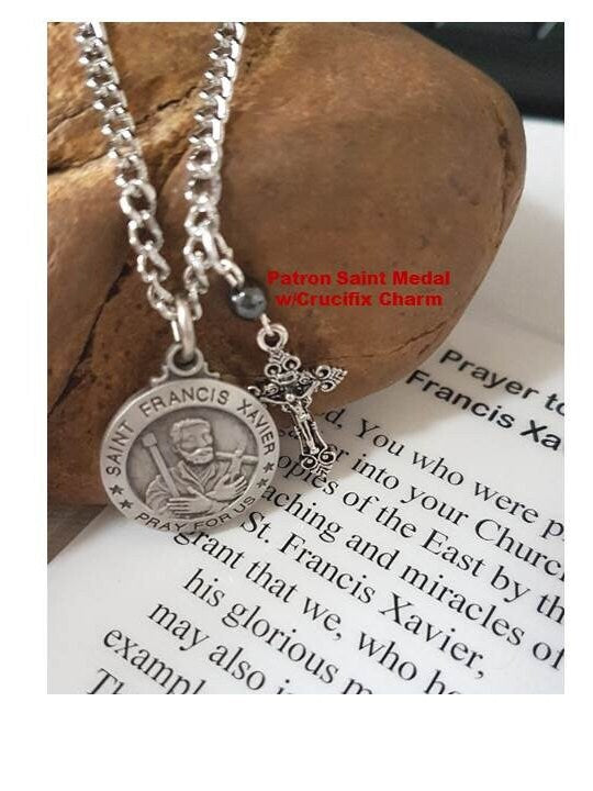 Choose Patron Saint Medal and Charm, Saint Medal with Prayer Card, St Francis Xavier,St Maximilian Kolbe,Pope John Paul 11,Divine Mercy,