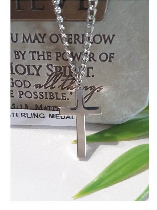 Sterling Cross for Men,Shiny Sterling Silver Cross Necklace,Unisex Christian Cross Jewelry,Block Cross Silver Pendant, Heavy Rhodium Chain