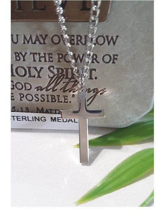 Sterling Cross for Men,Shiny Sterling Silver Cross Necklace,Unisex Christian Cross Jewelry,Block Cross Silver Pendant, Heavy Rhodium Chain