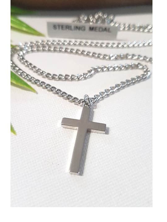 Sterling Cross for Men,Shiny Sterling Silver Cross Necklace,Unisex Christian Cross Jewelry,Block Cross Silver Pendant, Heavy Rhodium Chain
