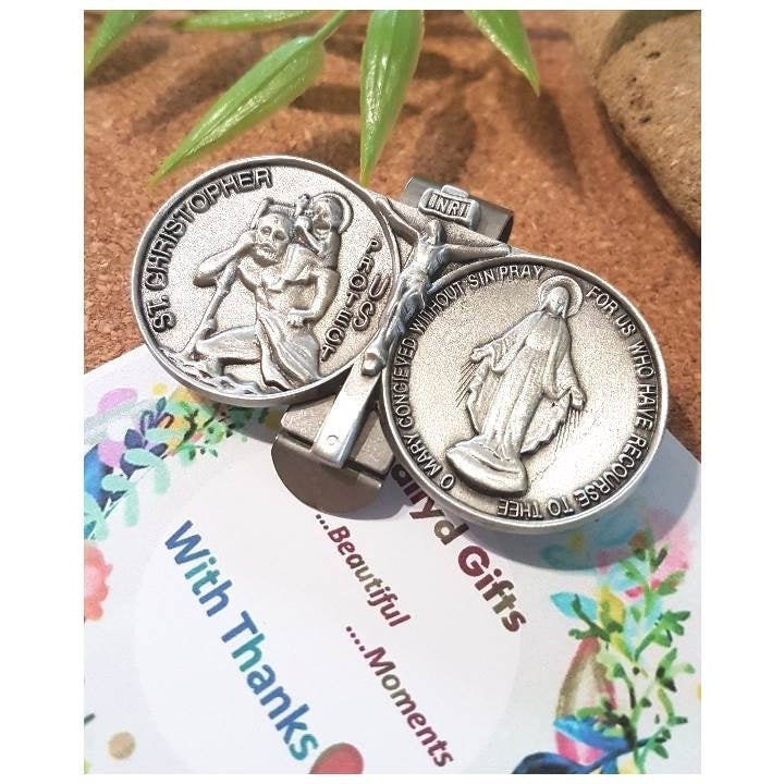 St Christopher and Our Lady of Grace Visor Clip,Patron Saints and Protectors of Travelers,Pewter Visor Clip,Safe Travel Gifts, New Drivers