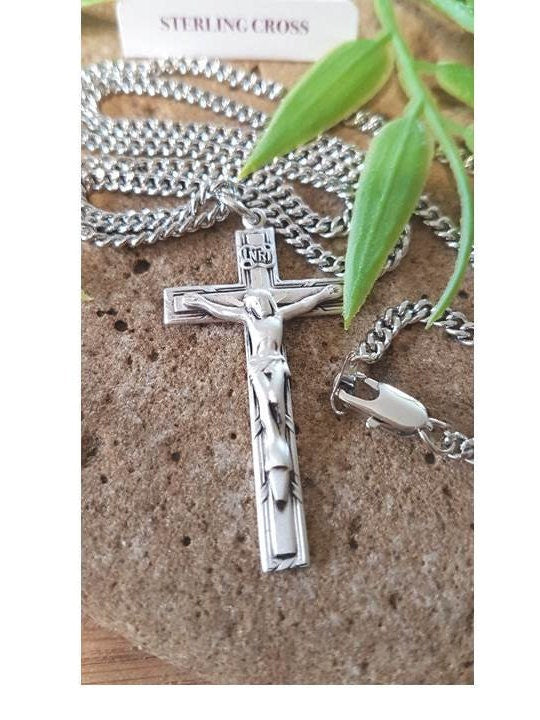 Sterling Silver Adult Crucifix,Large Sterling Silver Matte Crucifix Pendant,Men's Religious Cross,Men and Women Catholic Religious Necklace