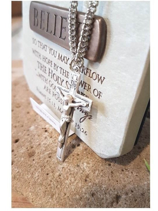 Sterling Silver Adult Crucifix,Large Sterling Silver Matte Crucifix Pendant,Men's Religious Cross,Men and Women Catholic Religious Necklace