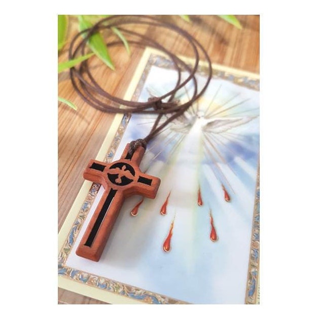 Holy Spirit Olivewood Pendant, Corded Olive Wood Cross,Wood Cross with Holy Spirit Prayer Card,Adult and Youth Wood Cross,Confirmation Gift