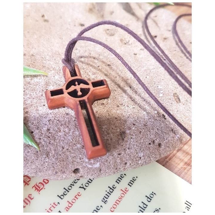 Holy Spirit Olivewood Pendant, Corded Olive Wood Cross,Wood Cross with Holy Spirit Prayer Card,Adult and Youth Wood Cross,Confirmation Gift