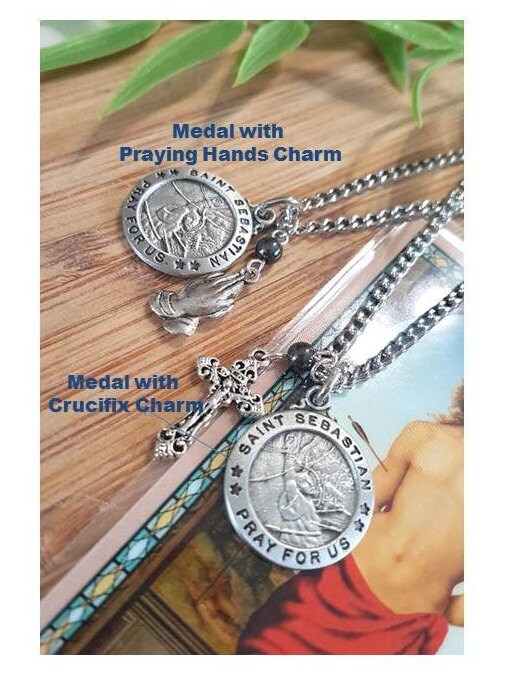 St Sebastian Medal with Prayer, Saint Sebastian the Patron Saint of Athletes, Patron Saint Pendant with Charm, Praying Hands and Crucifix
