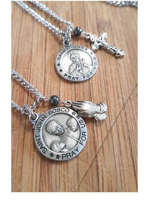 St John Bosco Medal, Saint Jude Patron Saint for Lost Cause,Patron Saint Necklace with Praying Hands,Choose Saint and Charm,Saint For Teens