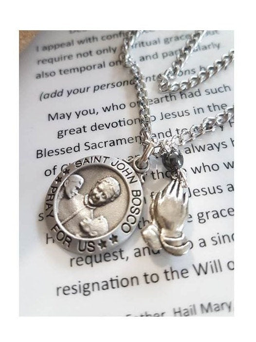 St John Bosco Medal, Saint Jude Patron Saint for Lost Cause,Patron Saint Necklace with Praying Hands,Choose Saint and Charm,Saint For Teens