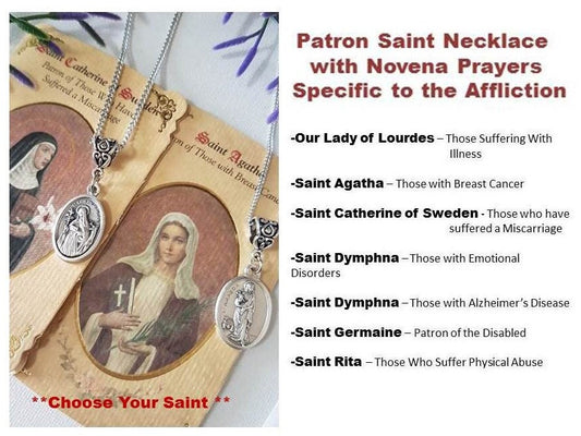 Patron Saint Necklace with Prayer and Novena,St Dymphna for Alzheimer,St Germaine for Disabled,Saint Rita for Physical Abuse.Choose Saint