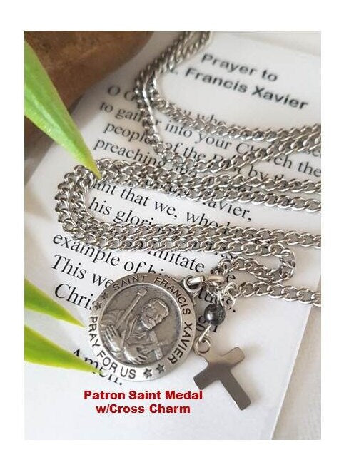 Choose Patron Saint Medal and Charm, Saint Medal with Prayer Card, St Francis Xavier,St Maximilian Kolbe,Pope John Paul 11,Divine Mercy,
