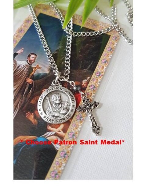 Choose Patron Saint Medal and Charm, Saint Medal with Prayer Card, St Francis Xavier,St Maximilian Kolbe,Pope John Paul 11,Divine Mercy,