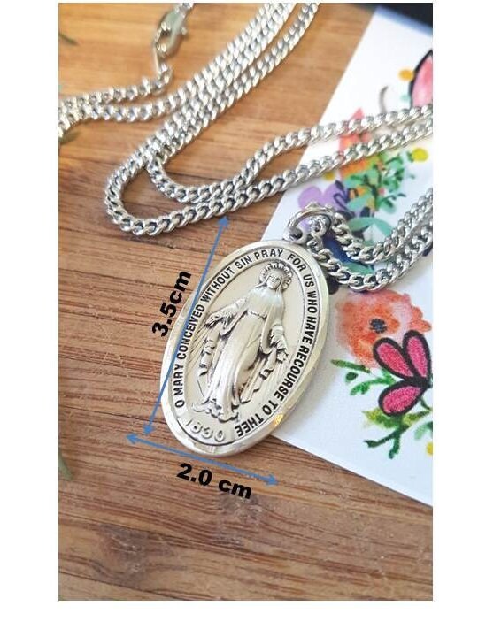 Big Sterling Silver Miraculous Medal,Heavy Sterling Our lady of Miraculous Pendant,Men and Women Chunky Silver Madonna Medal,Virgin Mary