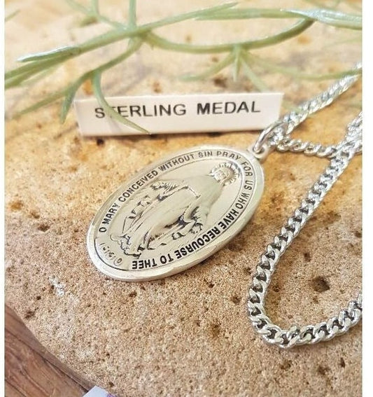 Big Sterling Silver Miraculous Medal,Heavy Sterling Our lady of Miraculous Pendant,Men and Women Chunky Silver Madonna Medal,Virgin Mary
