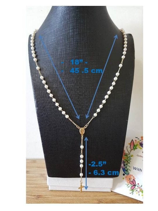 Gold Filled Pearl Rosary Necklace,Cute Dainty 18K Rosary Chain,Girls Communion Rosary,Rosary Necklace for Ladies,Virgin Mary Gold Necklace