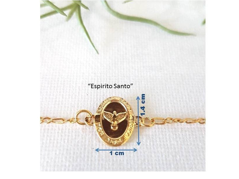Gold Filled Holy Spirit Bracelet,18K Gold Filled Espirito Santo, Confirmation Bracelet, Gold Oval Holy Spirit medal,Religious Gold Chain