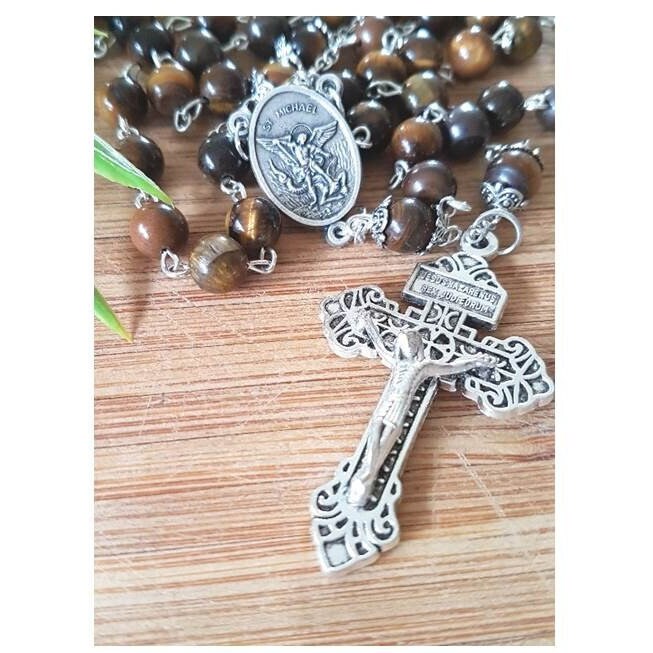 St Michael Tiger Eye Rosary,Men's Genuine Tiger Eye Rosary,8mm Big Stone Beads Rosary for Adults,Pardon Crucifix,Italian Parts,Pray for Us