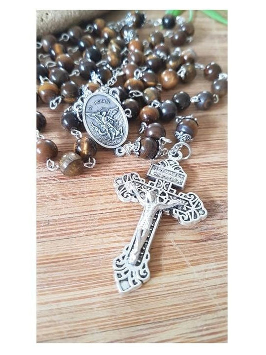 St Michael Tiger Eye Rosary,Men's Genuine Tiger Eye Rosary,8mm Big Stone Beads Rosary for Adults,Pardon Crucifix,Italian Parts,Pray for Us