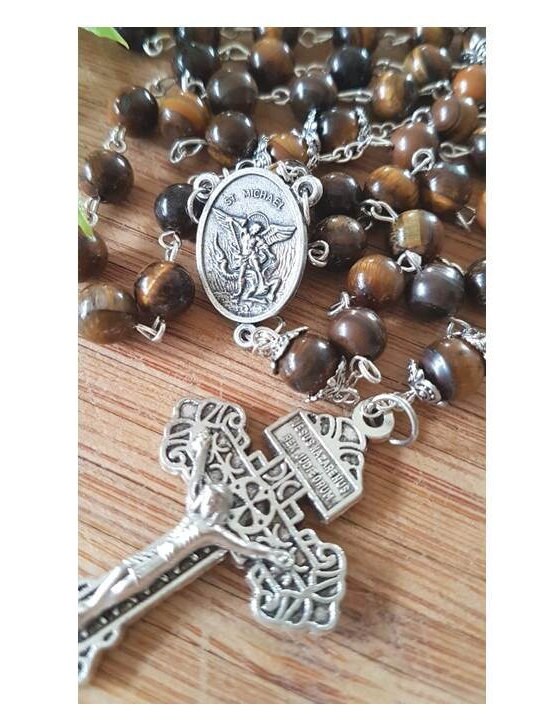 St Michael Tiger Eye Rosary,Men's Genuine Tiger Eye Rosary,8mm Big Stone Beads Rosary for Adults,Pardon Crucifix,Italian Parts,Pray for Us