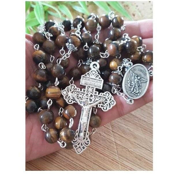St Michael Tiger Eye Rosary,Men's Genuine Tiger Eye Rosary,8mm Big Stone Beads Rosary for Adults,Pardon Crucifix,Italian Parts,Pray for Us
