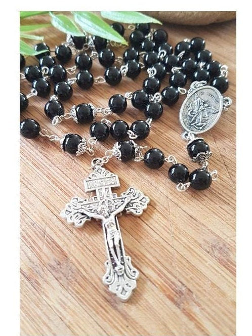 St Michael Black Rosary,Men Onyx Gemstone Rosary,Adult Gemstone Prayer Beads,Big Heavy Rosary with St Michael and Pardon Crucifix