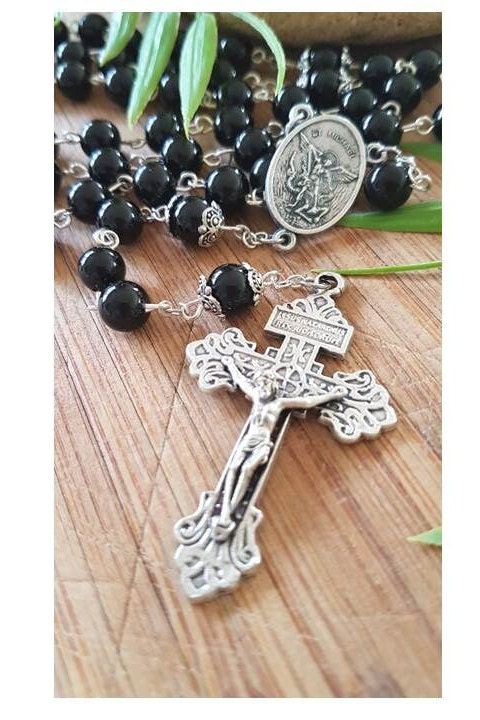 St Michael Black Rosary,Men Onyx Gemstone Rosary,Adult Gemstone Prayer Beads,Big Heavy Rosary with St Michael and Pardon Crucifix