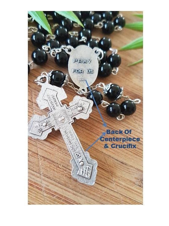 St Michael Black Rosary,Men Onyx Gemstone Rosary,Adult Gemstone Prayer Beads,Big Heavy Rosary with St Michael and Pardon Crucifix