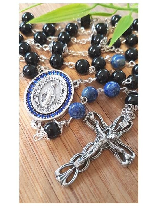 Lapis Lazuli and Onyx Rosary,Big Genuine Gemstone Rosary,Sapphire Miraculous Medal,Blue Virgin Mary Medal,Gemstone Prayer Beads