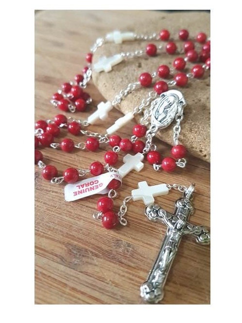 Genuine Mother Of Pearl Red Coral Rosary,Italian Gemstone Rosary,Catholic Gemstone Coral Protection Prayer Beads,Mother Of Pearl Cross
