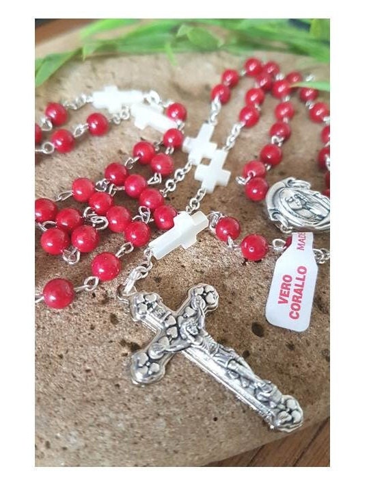 Genuine Mother Of Pearl Red Coral Rosary,Italian Gemstone Rosary,Catholic Gemstone Coral Protection Prayer Beads,Mother Of Pearl Cross