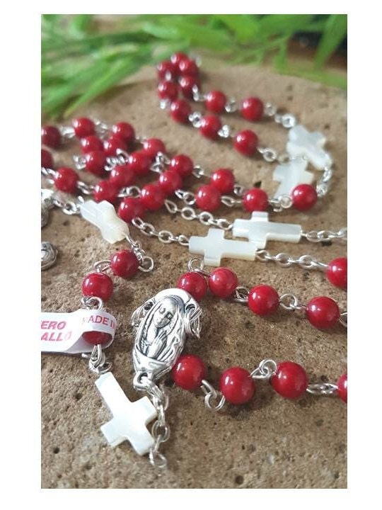 Genuine Mother Of Pearl Red Coral Rosary,Italian Gemstone Rosary,Catholic Gemstone Coral Protection Prayer Beads,Mother Of Pearl Cross