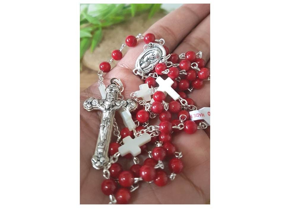 Genuine Mother Of Pearl Red Coral Rosary,Italian Gemstone Rosary,Catholic Gemstone Coral Protection Prayer Beads,Mother Of Pearl Cross