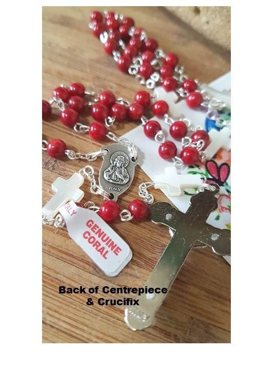 Genuine Mother Of Pearl Red Coral Rosary,Italian Gemstone Rosary,Catholic Gemstone Coral Protection Prayer Beads,Mother Of Pearl Cross