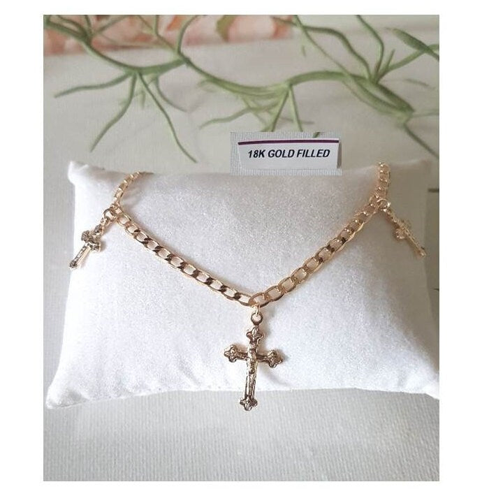 18k Gold Filled Bracelet, Gold Link Bracelet with Crosses,Ladies Dainty Gold Filled Bracelet,Trendy Religious Jewelry,Gold Cross Charm