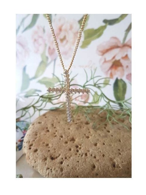 Classy Gold Filled CZ Cross/Skinny Cubic Zirconia Clear Gold Filled Necklace/Simple Ladies Crystal Cross Pendant /Slim Gold Cross
