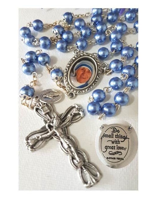 Mother Teresa Rosary,Blue Pearl Rosary,St Teresa of Calcutta Rosary,Deluxe Rosary Metallic Blue,Mother Theresa Quotes,Mini Miraculous Medal