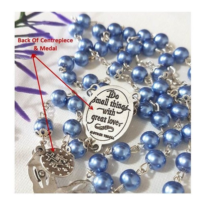 Mother Teresa Rosary,Blue Pearl Rosary,St Teresa of Calcutta Rosary,Deluxe Rosary Metallic Blue,Mother Theresa Quotes,Mini Miraculous Medal