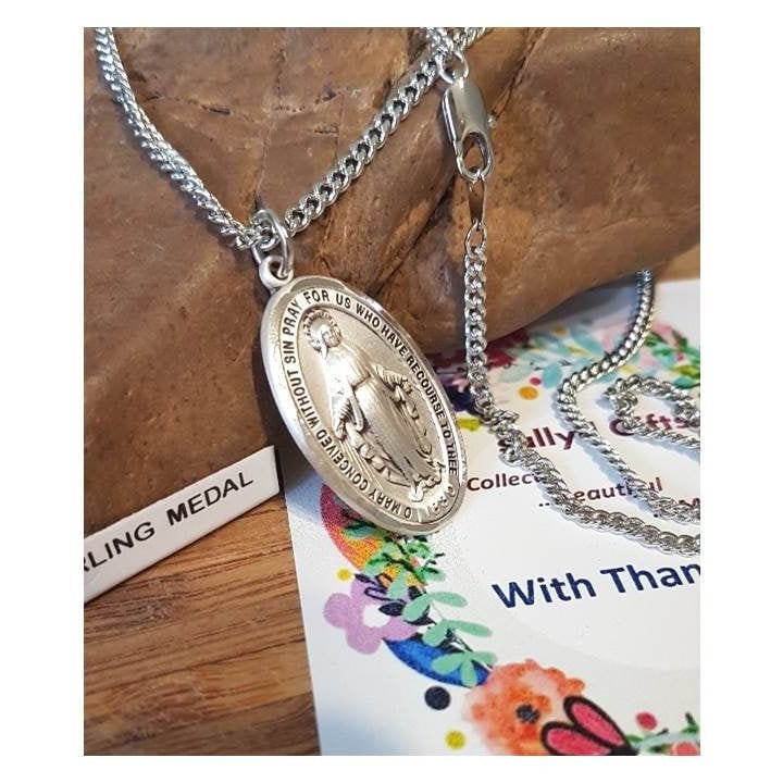 Big Sterling Silver Miraculous Medal,Heavy Sterling Our lady of Miraculous Pendant,Men and Women Chunky Silver Madonna Medal,Virgin Mary