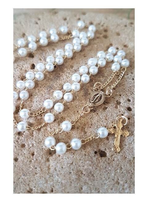 Gold Filled Pearl Rosary Necklace,Cute Dainty 18K Rosary Chain,Girls Communion Rosary,Rosary Necklace for Ladies,Virgin Mary Gold Necklace