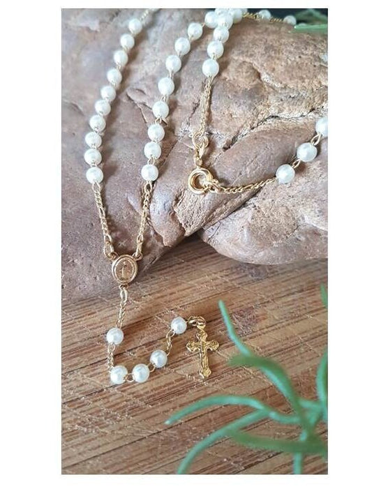 Gold Filled Pearl Rosary Necklace,Cute Dainty 18K Rosary Chain,Girls Communion Rosary,Rosary Necklace for Ladies,Virgin Mary Gold Necklace