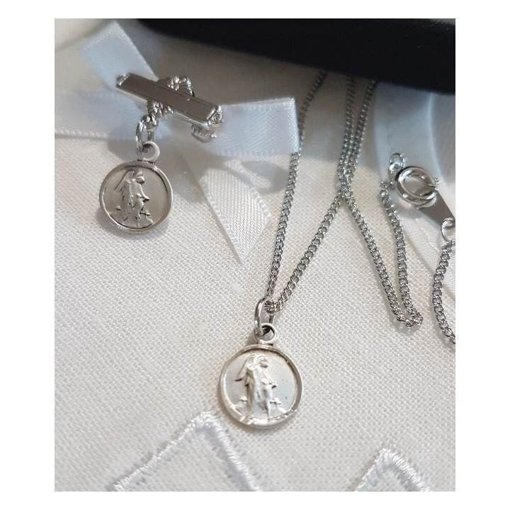 Guardian Angel Sterling Silver Medal Pin,Sterling Bar Pin,Baby and Toddler Lapel Pin,Guardian Angel Necklace,Baptism Gift,Christening Gift