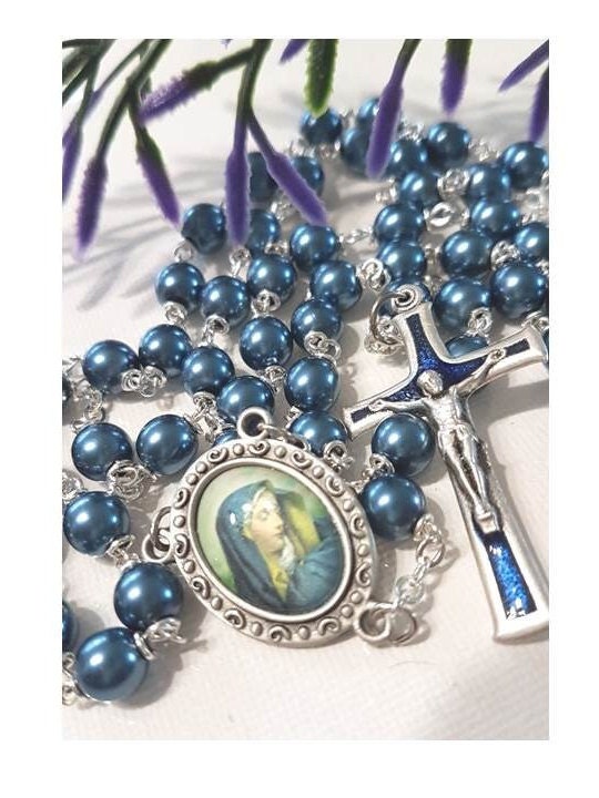 Sorrowful Mother Blue Rosary,Blue Metallic Pearl Rosary with Our Lady Of Sorrow, Mother Mary in Blue Catholic Beads,Virgin Mary Medal