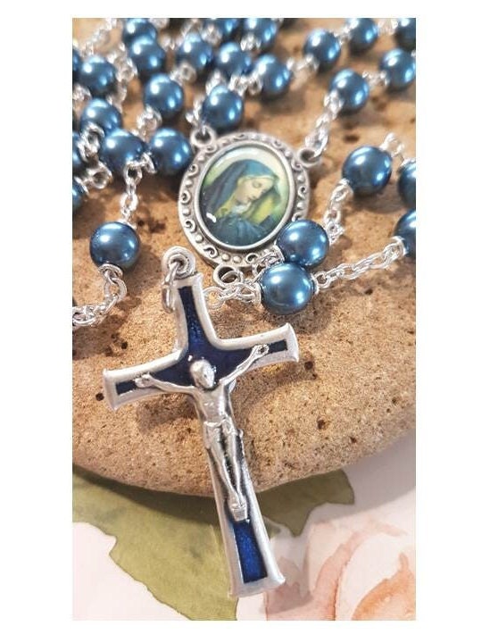 Sorrowful Mother Blue Rosary,Blue Metallic Pearl Rosary with Our Lady Of Sorrow, Mother Mary in Blue Catholic Beads,Virgin Mary Medal